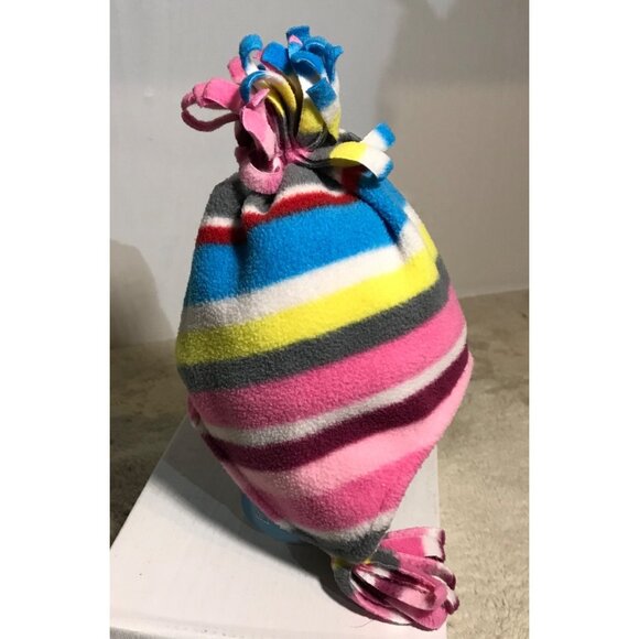 Childrens Place Fleece Baby Hat 0-3M Pink/Blue Stripes Knit Warm Beanie Tassels - Picture 2 of 6